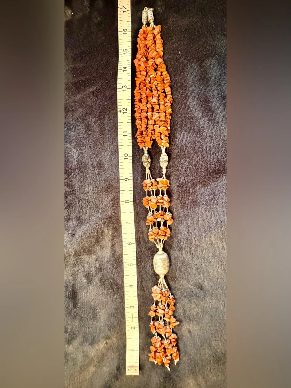 Artisan Orange Chip Bead Silver Tone Tassel Statement Necklace